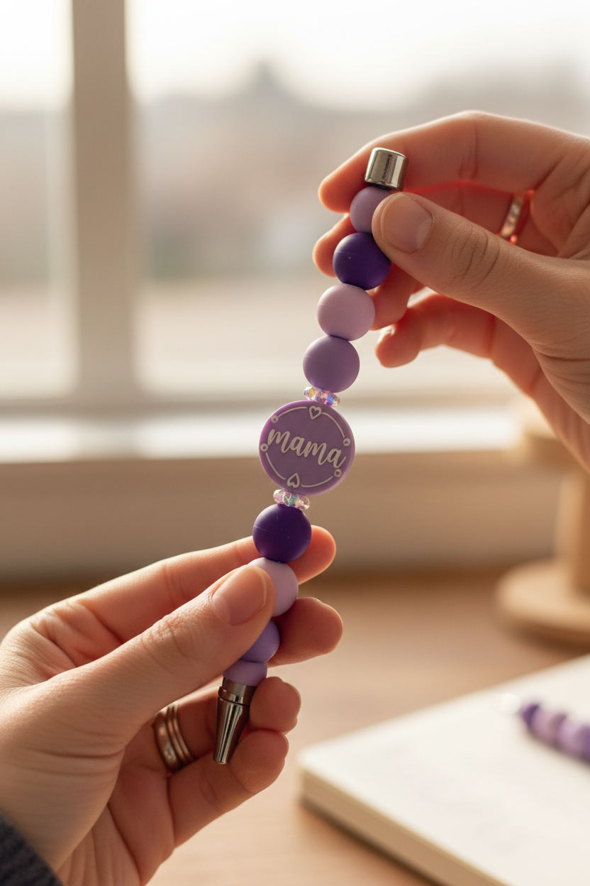Purple mama beaded pen detail